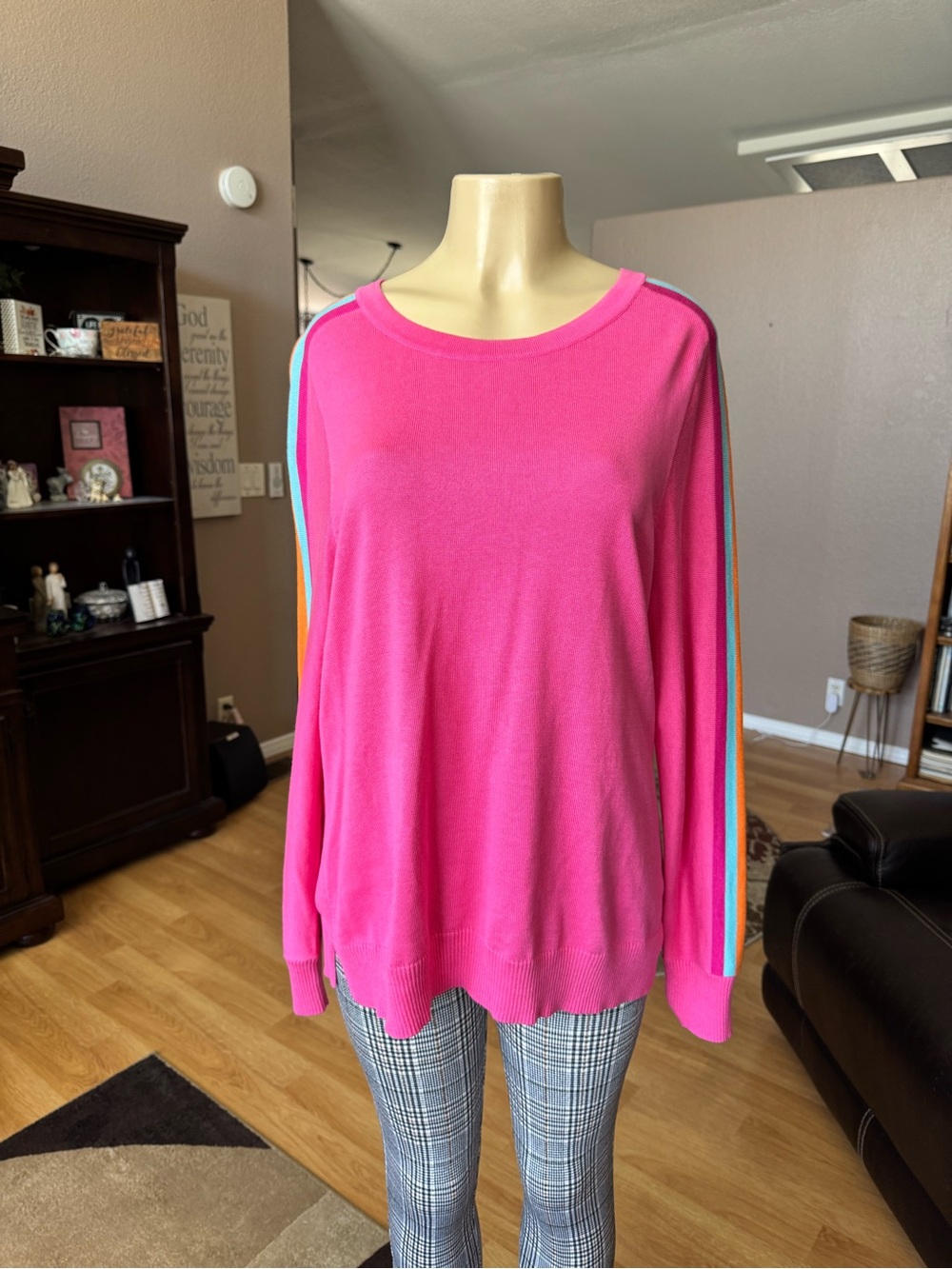 Belle by Kim Gravel Hot Pink Long Sleeve Sweater with Rainbow Sleeve Stripes-L - Picture 6 of 10